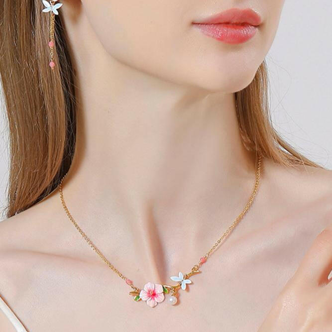 Dragonfly Hibiscus Enamel Flower with Pearl Necklace-Evani Naomi Jewelry