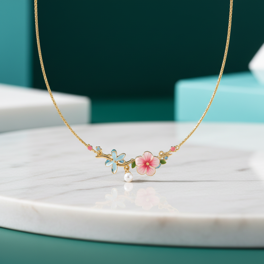 Dragonfly Hibiscus Enamel Flower with Pearl Necklace-Evani Jewelry