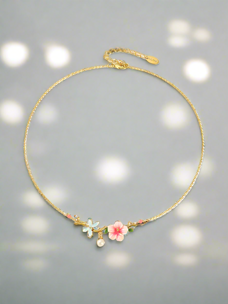 Dragonfly Hibiscus Enamel Flower with Pearl Necklace-Evani Naomi Jewelry