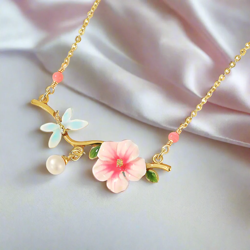 Dragonfly Hibiscus Enamel Flower with Pearl Necklace-Evani Naomi Jewelry