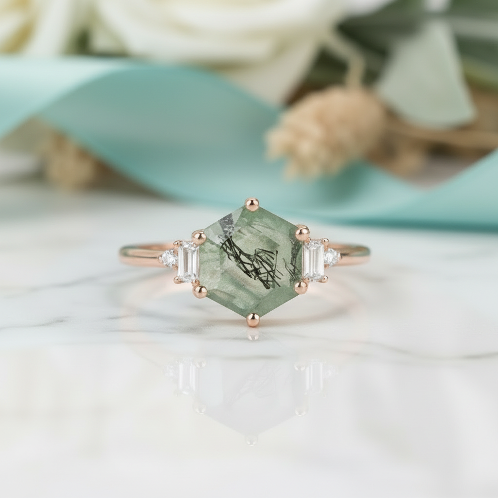 Heart's Golden Hour- Hexagon Cut Natural Moss Agate Engagement Ring