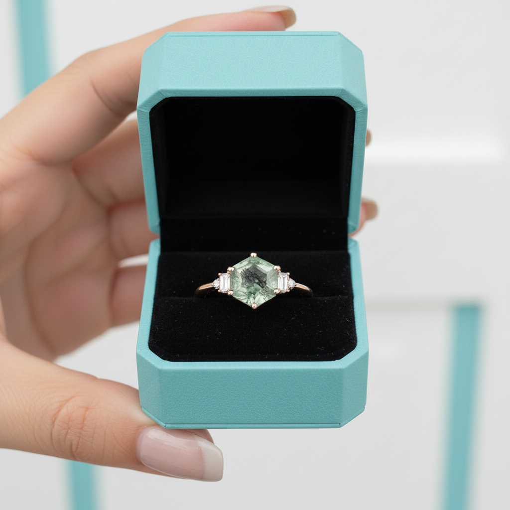Heart's Golden Hour- Hexagon Cut Natural Moss Agate Engagement Ring - Evani Naomi Jewelry