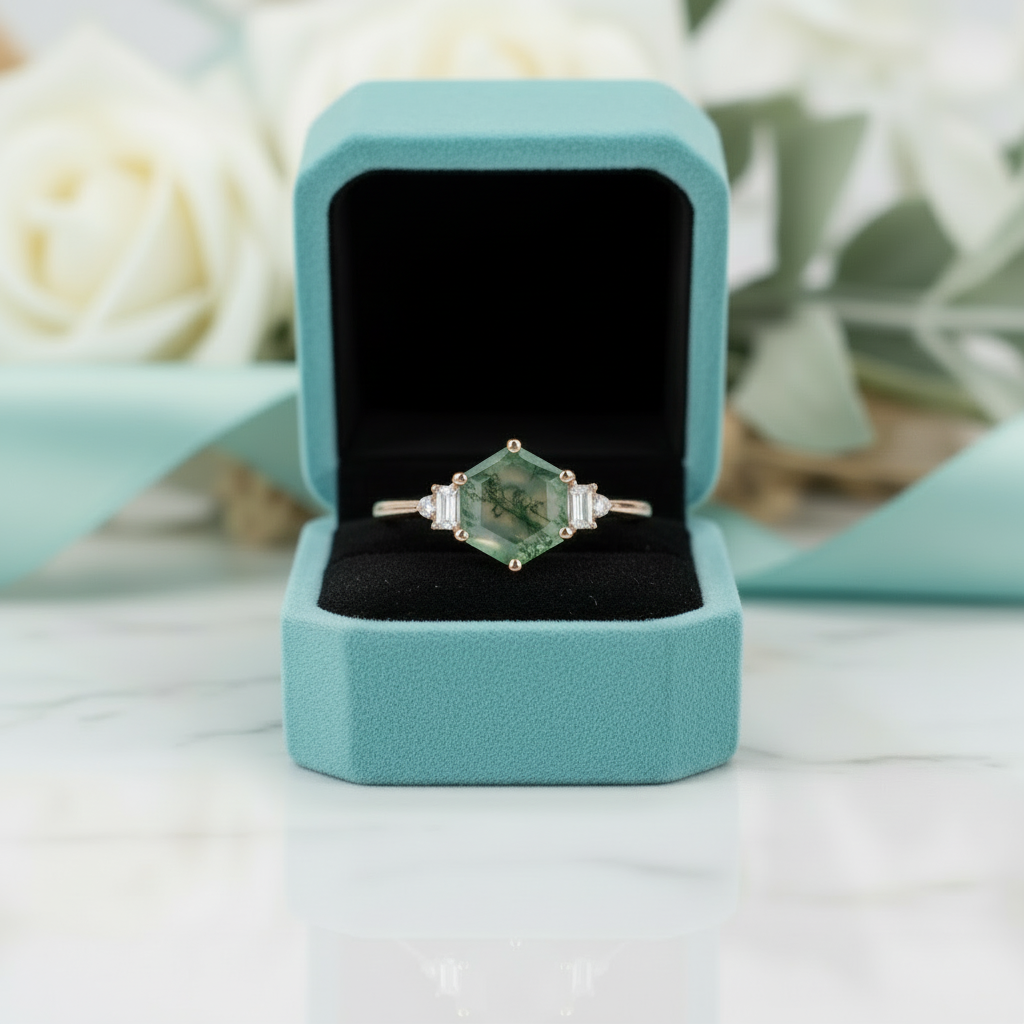 Heart's Golden Hour- Hexagon Cut Natural Moss Agate Engagement Ring
