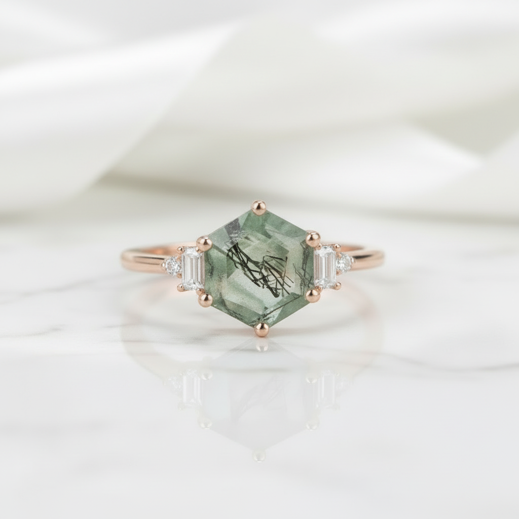 Heart's Golden Hour- Hexagon Cut Natural Moss Agate Engagement Ring
