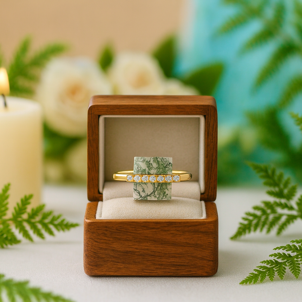 Gold ring with green gemstone in a wooden box against a natural background