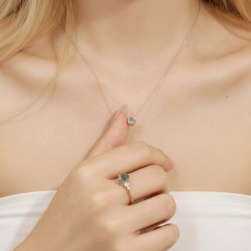 Heart's Golden Hour- Hexagon Cut Natural Moss Agate Engagement Ring-Evani Jewelry