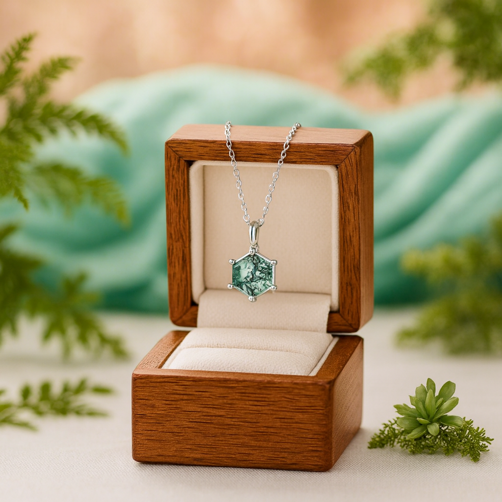Jewelry box with a green gemstone necklace on a natural background