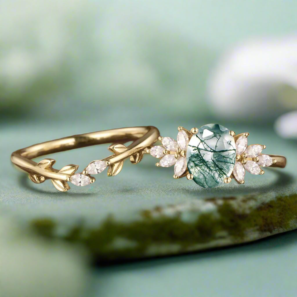 Oval Shaped Natural Moss Agate Engagement Ring for Women 925 Sterling Silver Trendy Round Cut Stacking Matching Band Bridal Set - Evani Naomi Jewelry