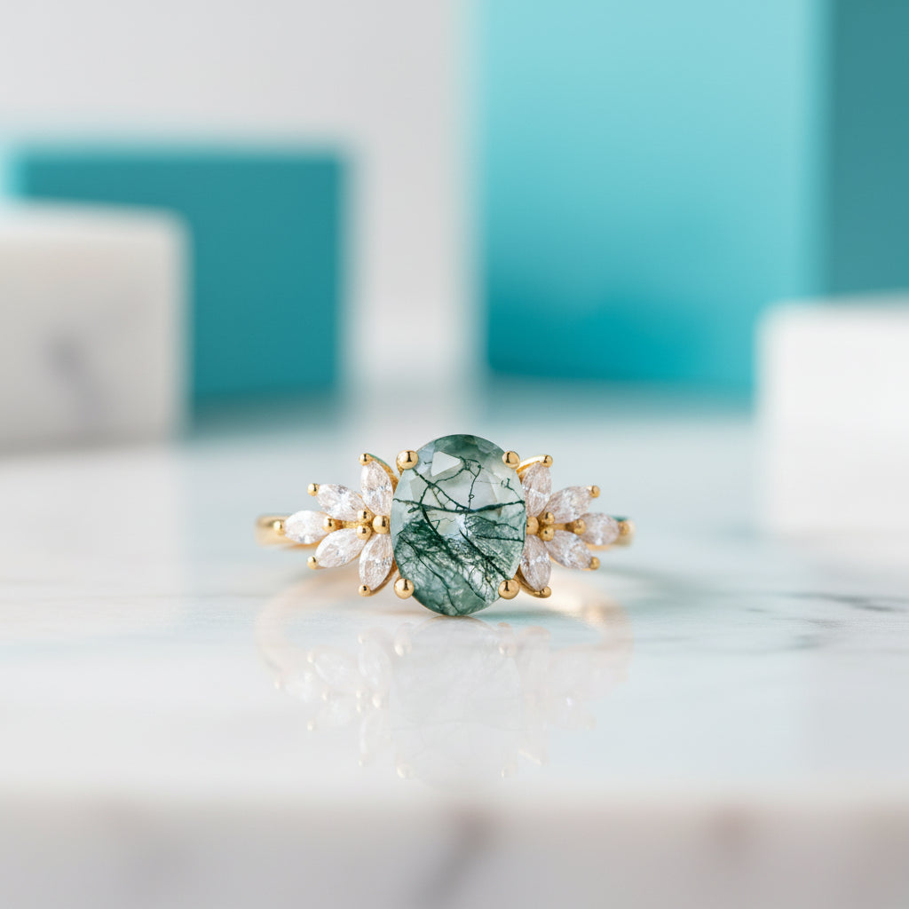 Wild and Gentle Vow- Oval Shaped Natural Moss Agate Engagement Ring-Evani Jewelry