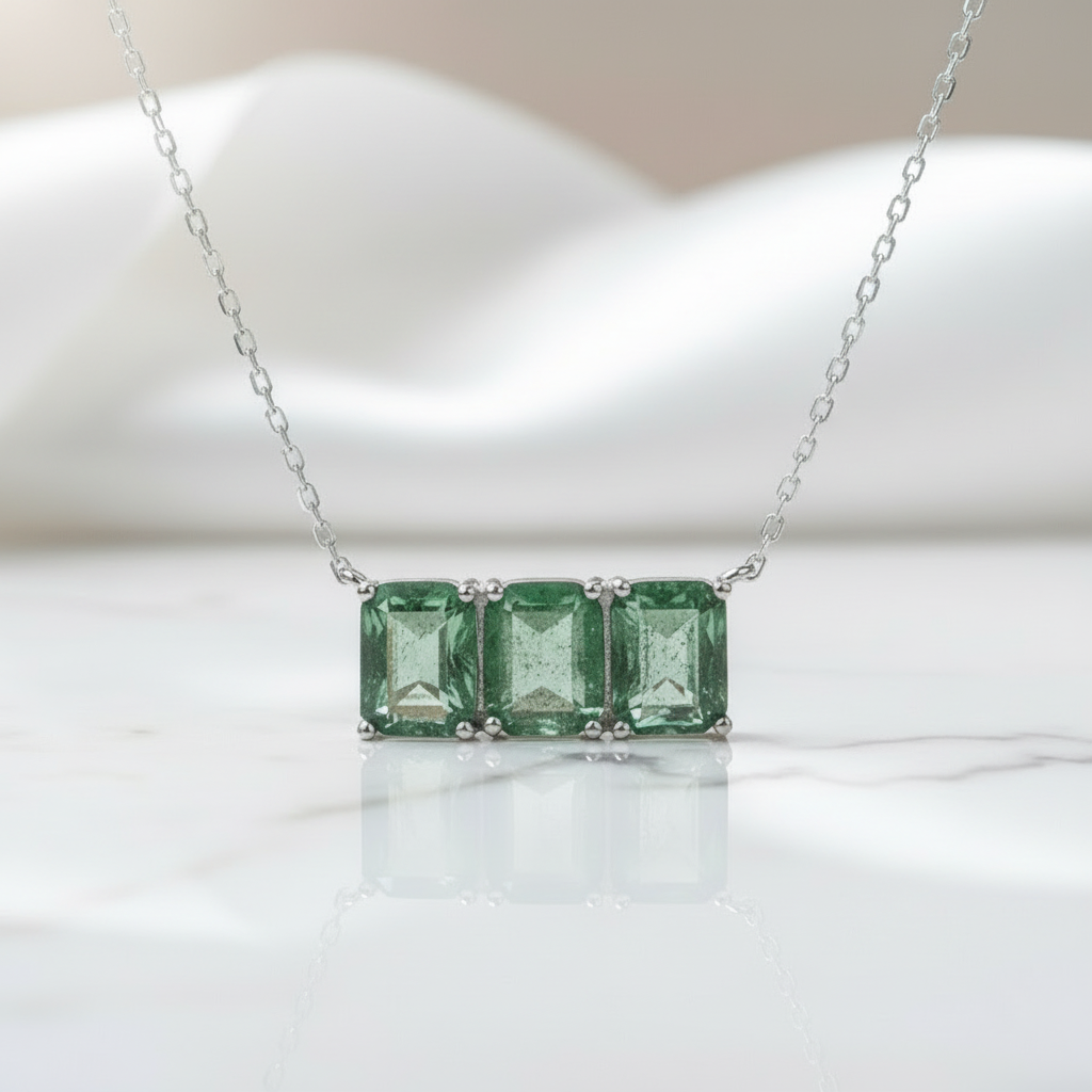 Perfect Match- Three Stone Natural Moss Agate Necklace