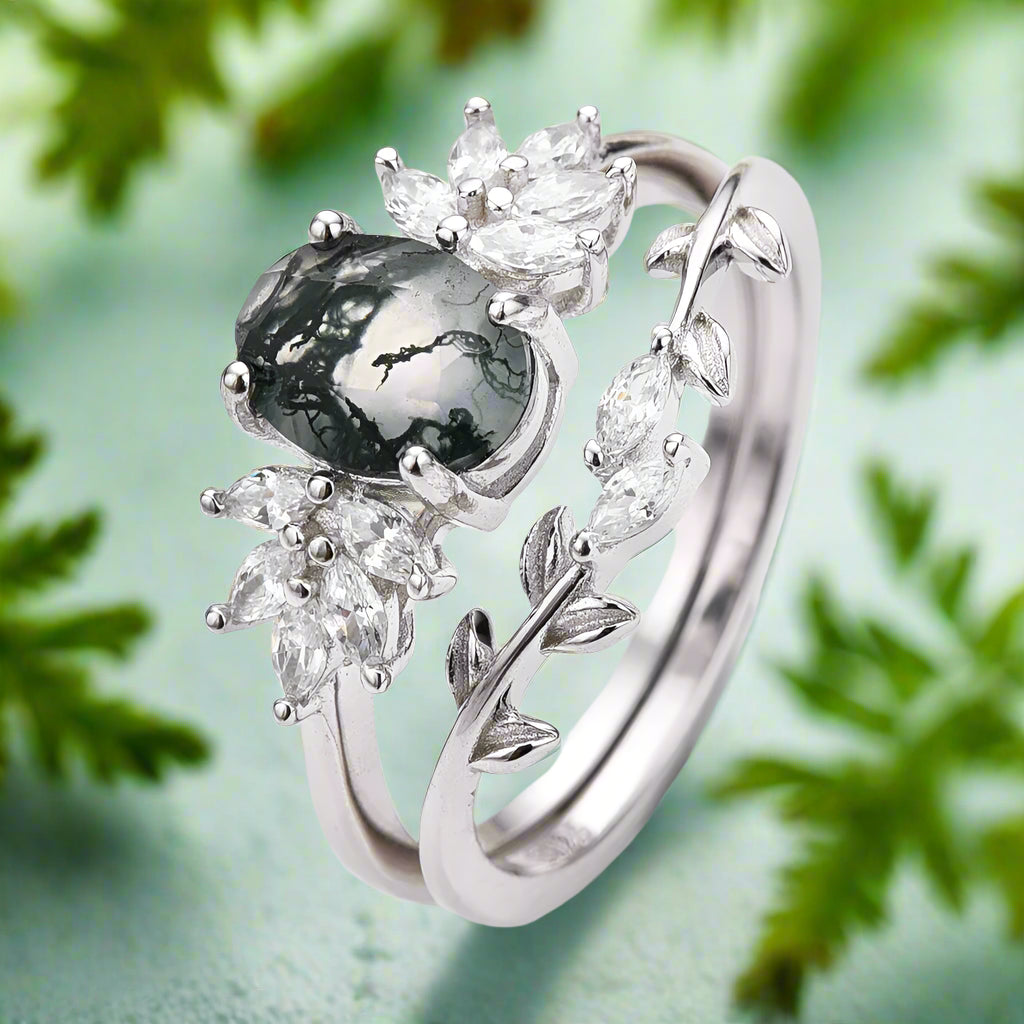 Oval Shaped Natural Moss Agate Engagement Ring for Women 925 Sterling Silver Trendy Round Cut Stacking Matching Band Bridal Set - Evani Naomi Jewelry