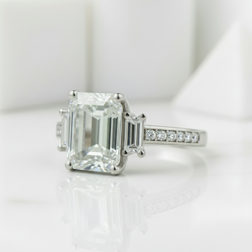 Unique Octagon Cut Diamond Three Stone Engagement Ring-Evani Jewelry