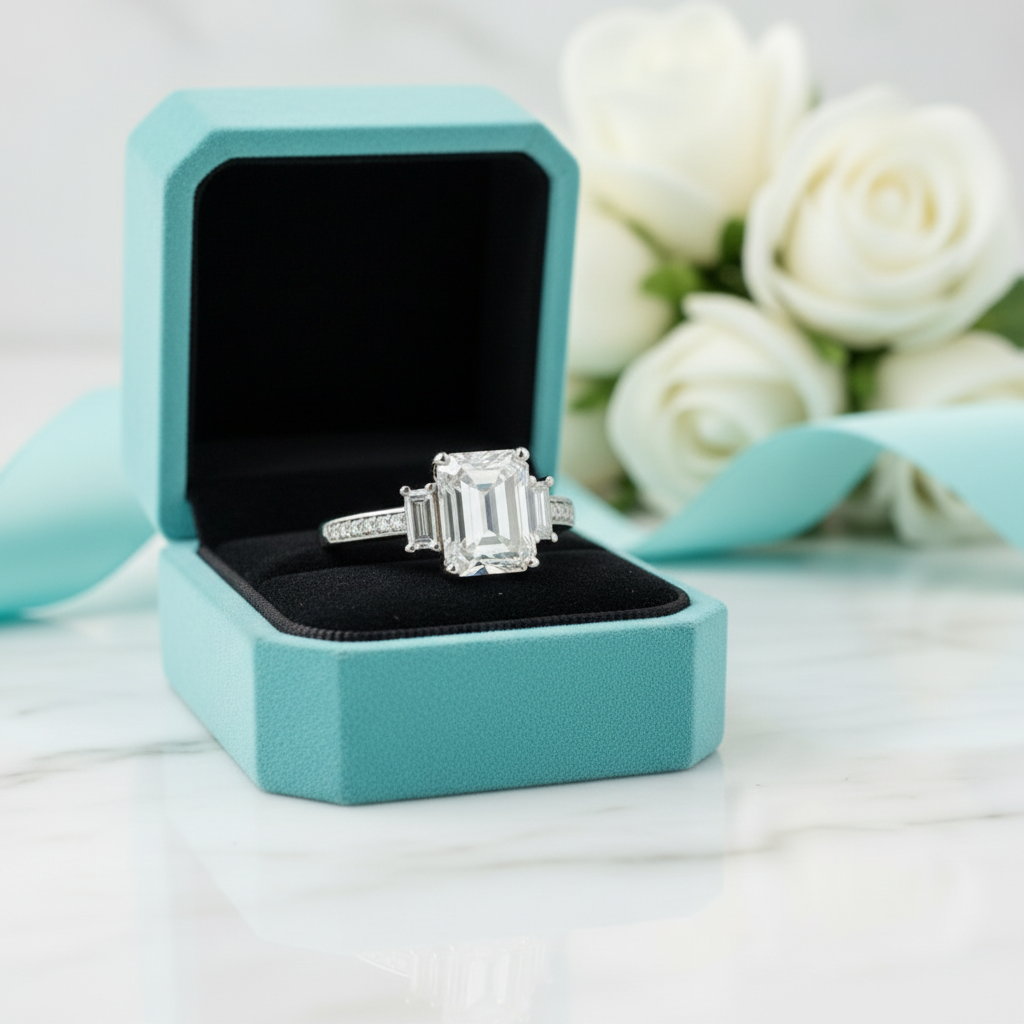 Unique Octagon Cut Diamond Three Stone Engagement Ring-Evani Jewelry