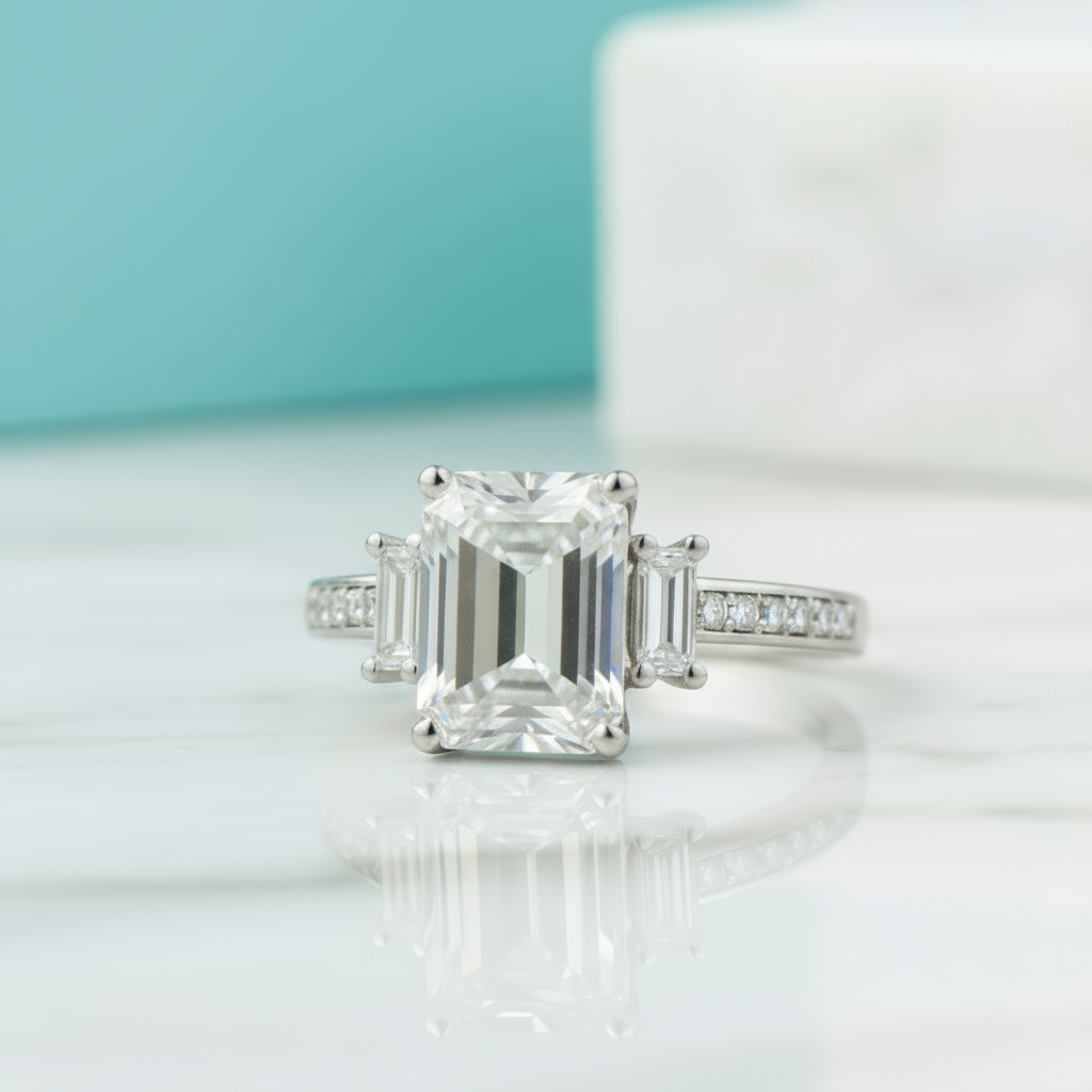 Unique Octagon Cut Diamond Three Stone Engagement Ring-Evani Jewelry