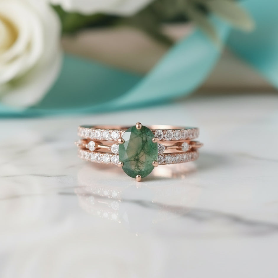 Heartwood of Us- Vintage Natural Moss Agate Engagement Ring Set-Evani Jewelry