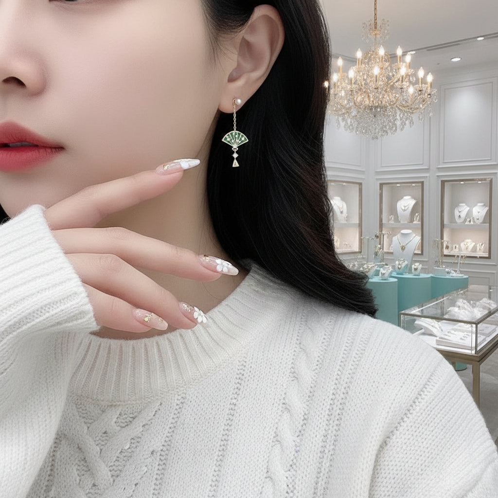 Love Grown in Grace- Chinese Style Fan Shaped Unique Moss Agate Earrings-Evani Jewelry