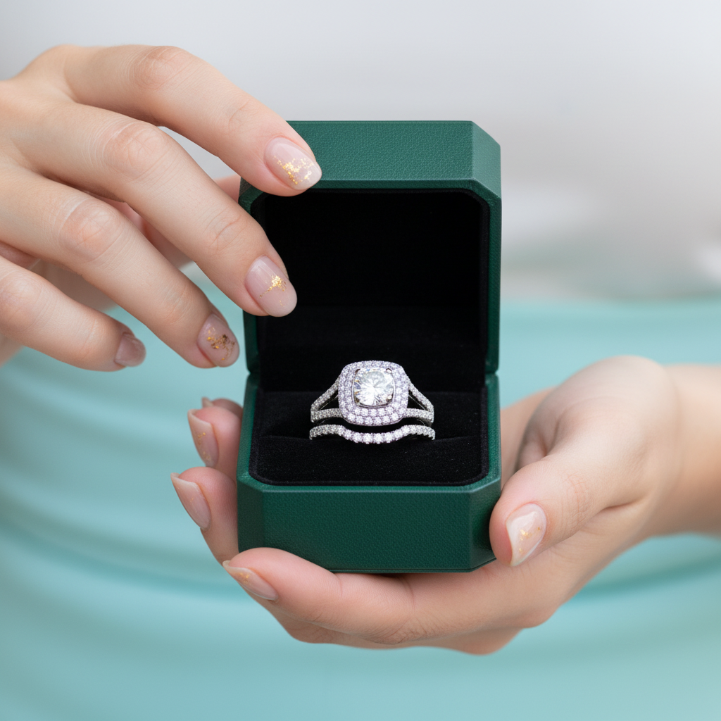 Elegant 1.0 Ct Diamond Option Double-Halo Bridal Set - Evani Naomi Jewelry
