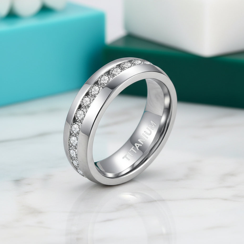 Elegant Diamond Alternative Titanium Wedding Band-Evani Jewelry
