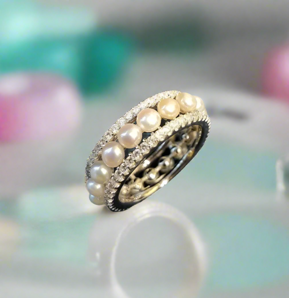 Elegant Eternity Pearl White Gold Wedding Band-Evani Naomi Jewelry