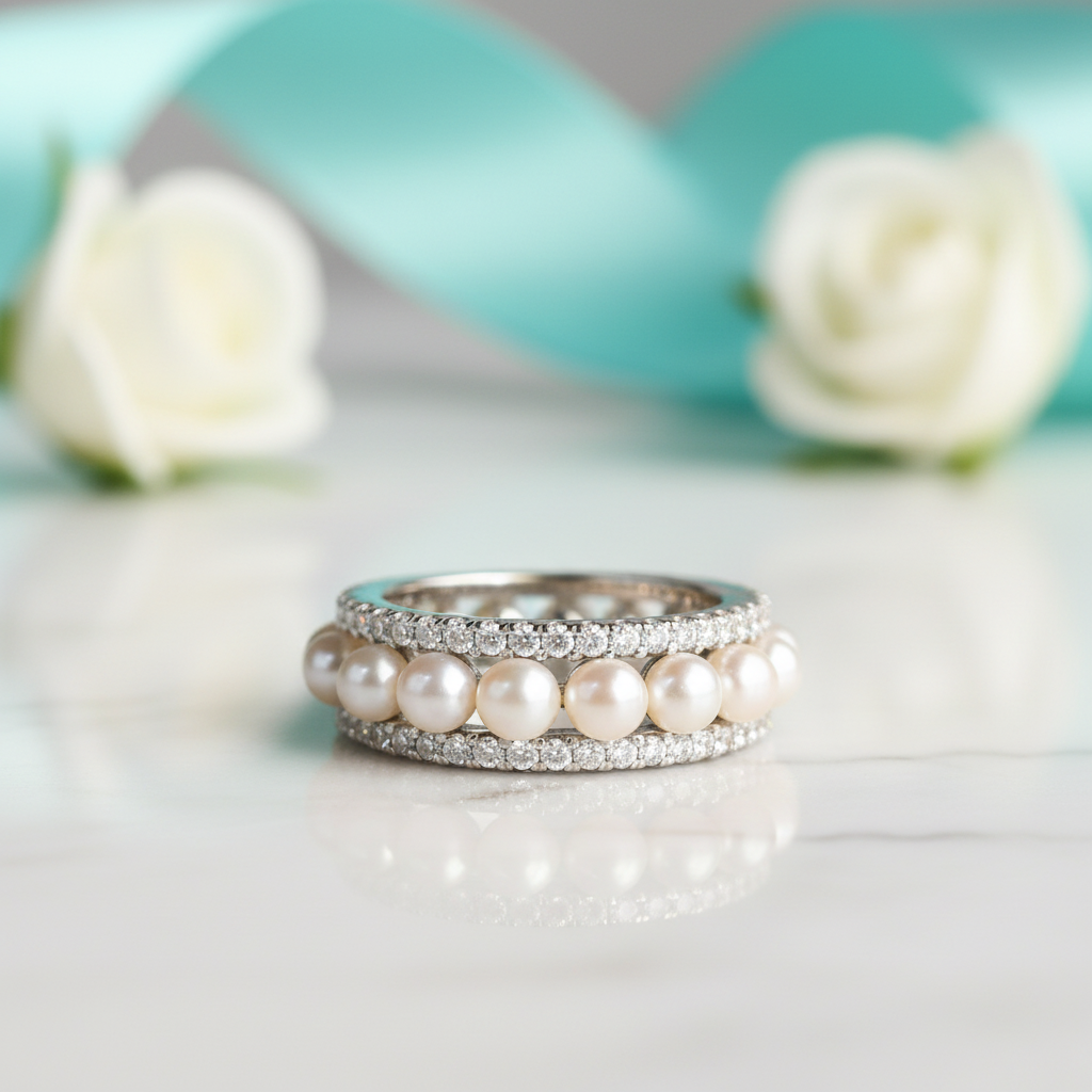 Elegant Eternity Pearl White Gold Wedding Band-Evani Jewelry
