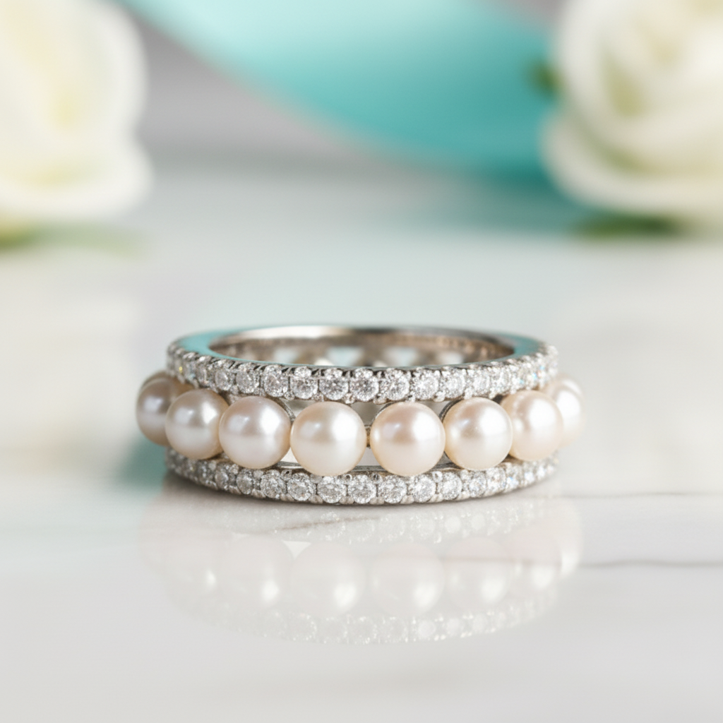 Elegant Eternity Pearl White Gold Wedding Band-Evani Jewelry