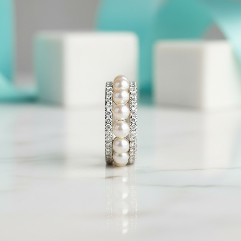 Elegant Eternity Pearl White Gold Wedding Band-Evani Jewelry