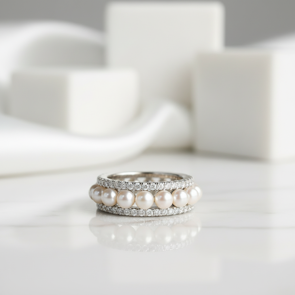 Elegant Eternity Pearl White Gold Wedding Band-Evani Jewelry