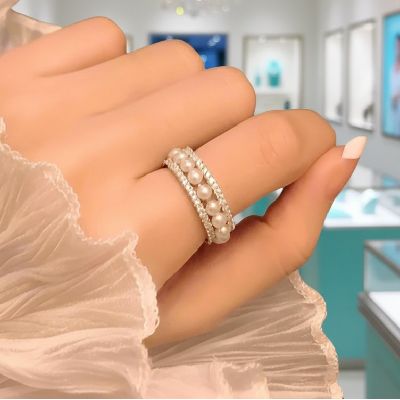 Elegant Eternity Pearl White Gold Wedding Band-Evani Jewelry