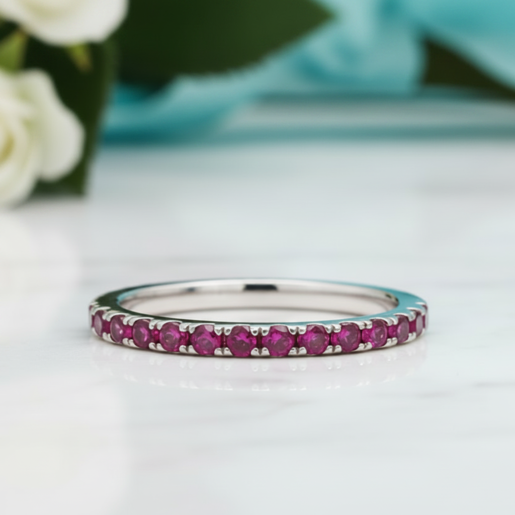 Elegant Fuchsia Diamond Half Eternity Wedding Band-Evani Jewelry