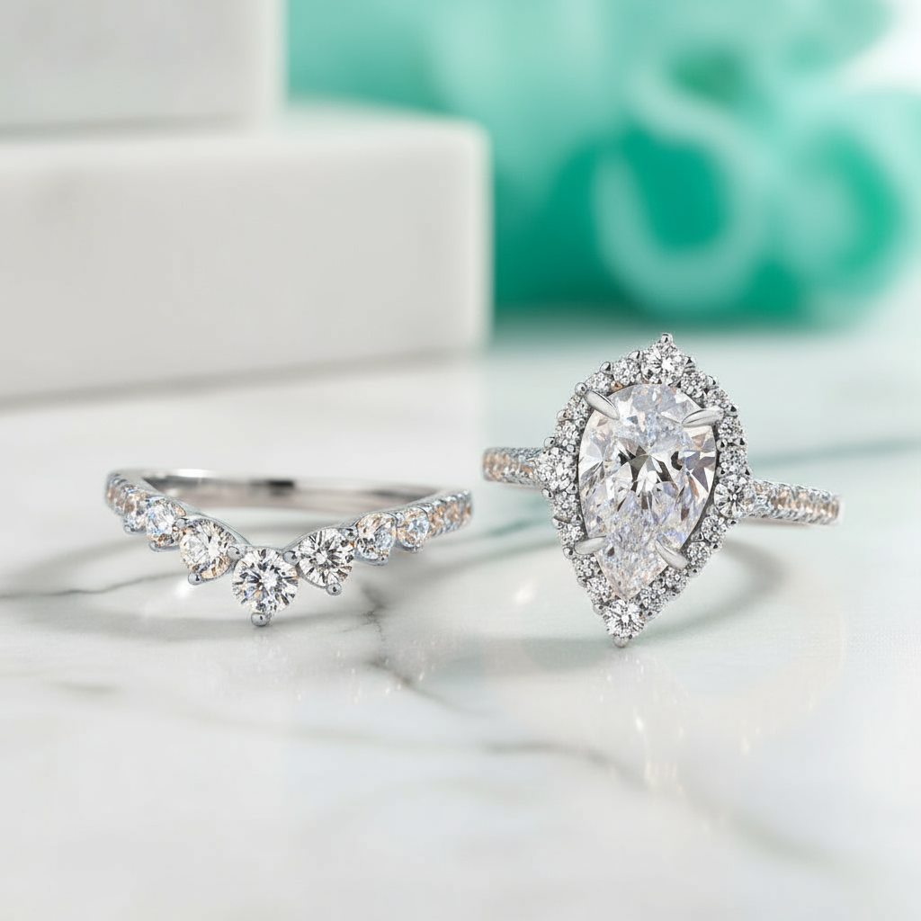 Elegant Pear Cut 2.20 Carat Halo Vintage Style Diamond Bridal Ring Set-Evani Jewelry