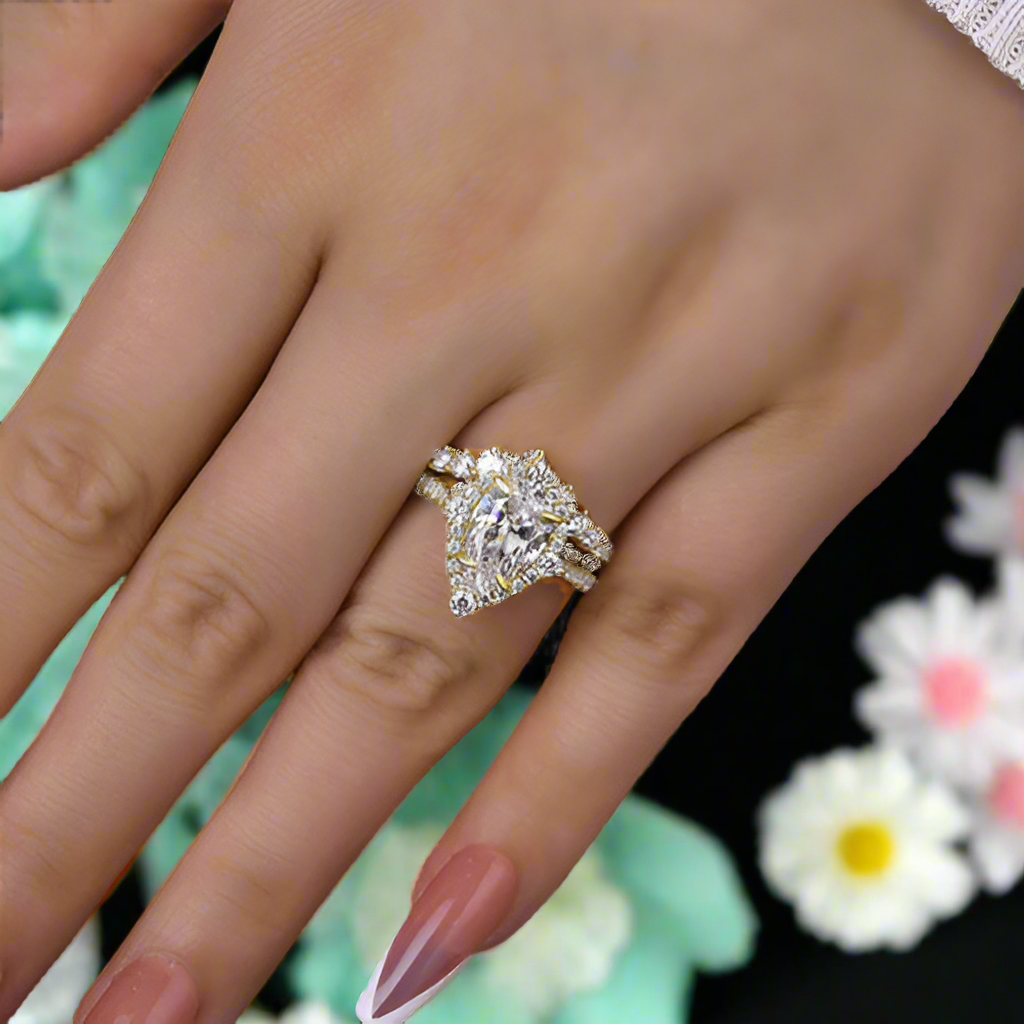 Elegant Pear Cut 2.2 Carat Halo Vintage Style Bridal Ring Set-Evani Naomi Jewelry