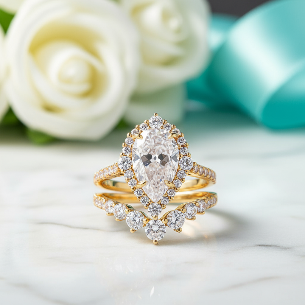 Elegant Pear Cut 2.20 Carat Halo Vintage Style Diamond Bridal Ring Set-Evani Jewelry