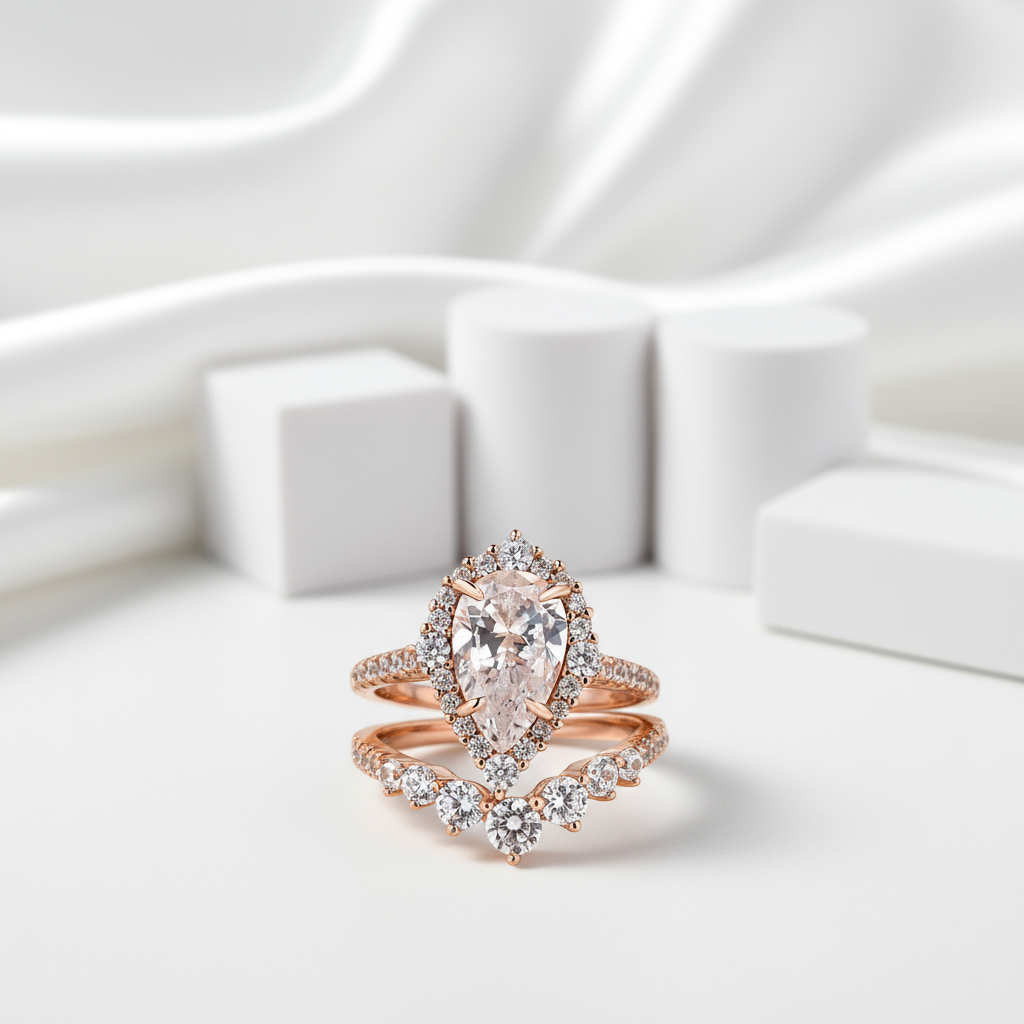 Elegant Pear Cut 2.20 Carat Halo Vintage Style Diamond Bridal Ring Set-Evani Jewelry