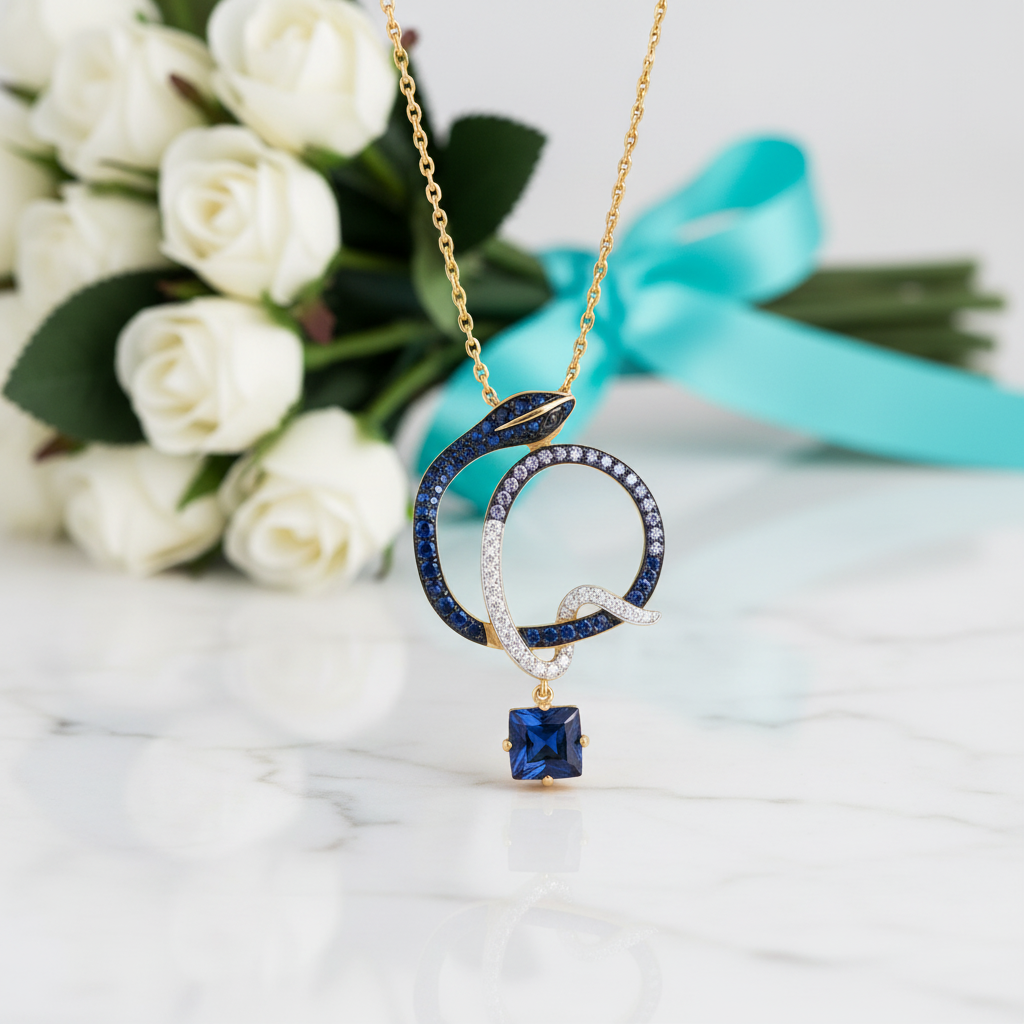 Elegant Snake with Blue Sapphire Diamonds Pendant-Evani Jewelry