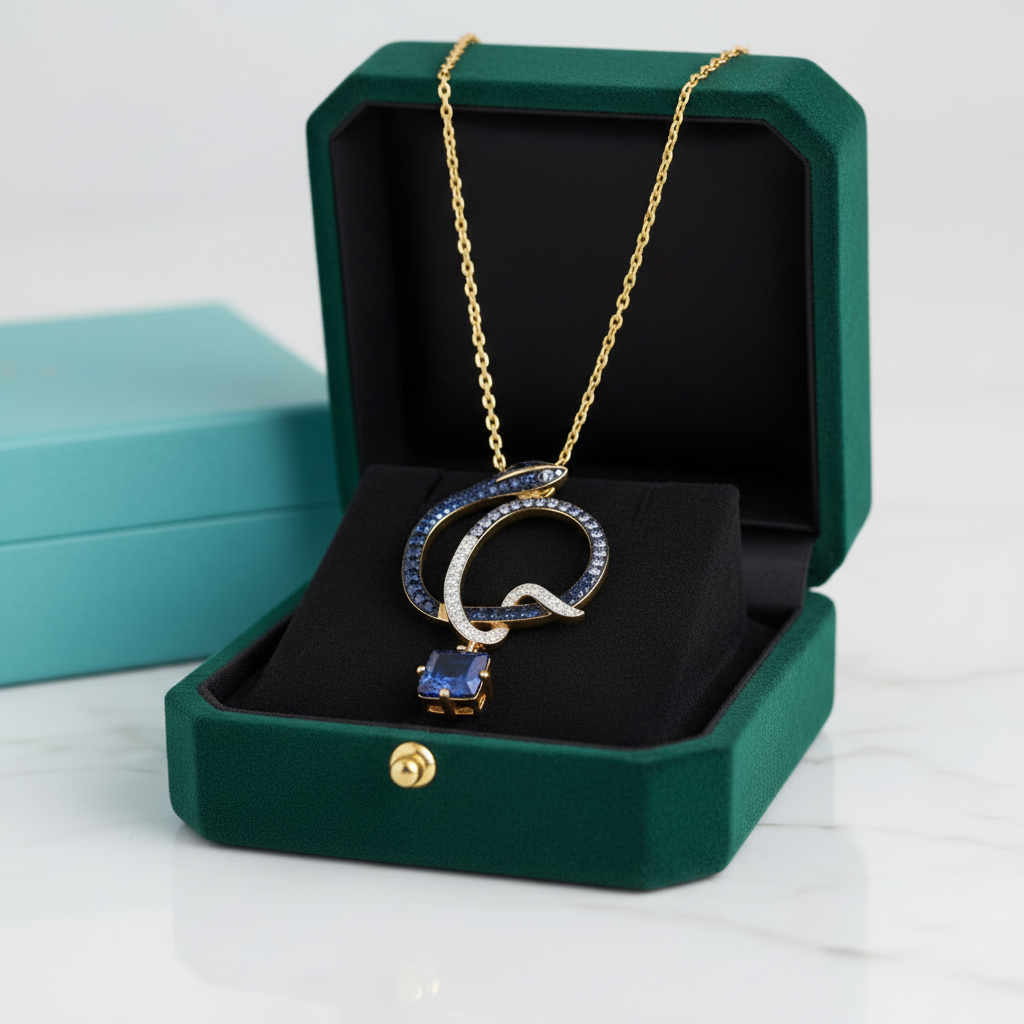 Elegant Snake with Blue Sapphire Diamonds Pendant
