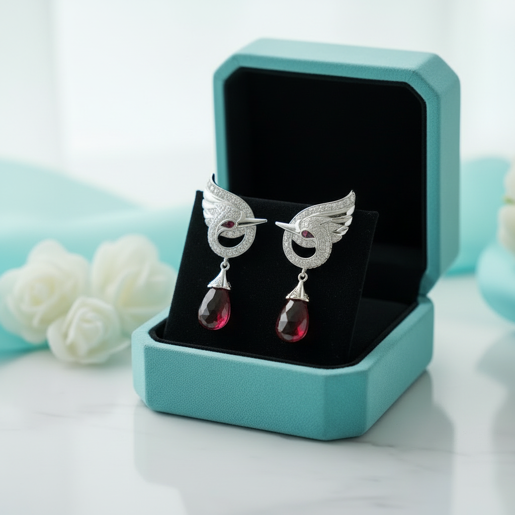 Elegant Swan with Ruby Birthstone Tear Earrings-Evani Jewelry