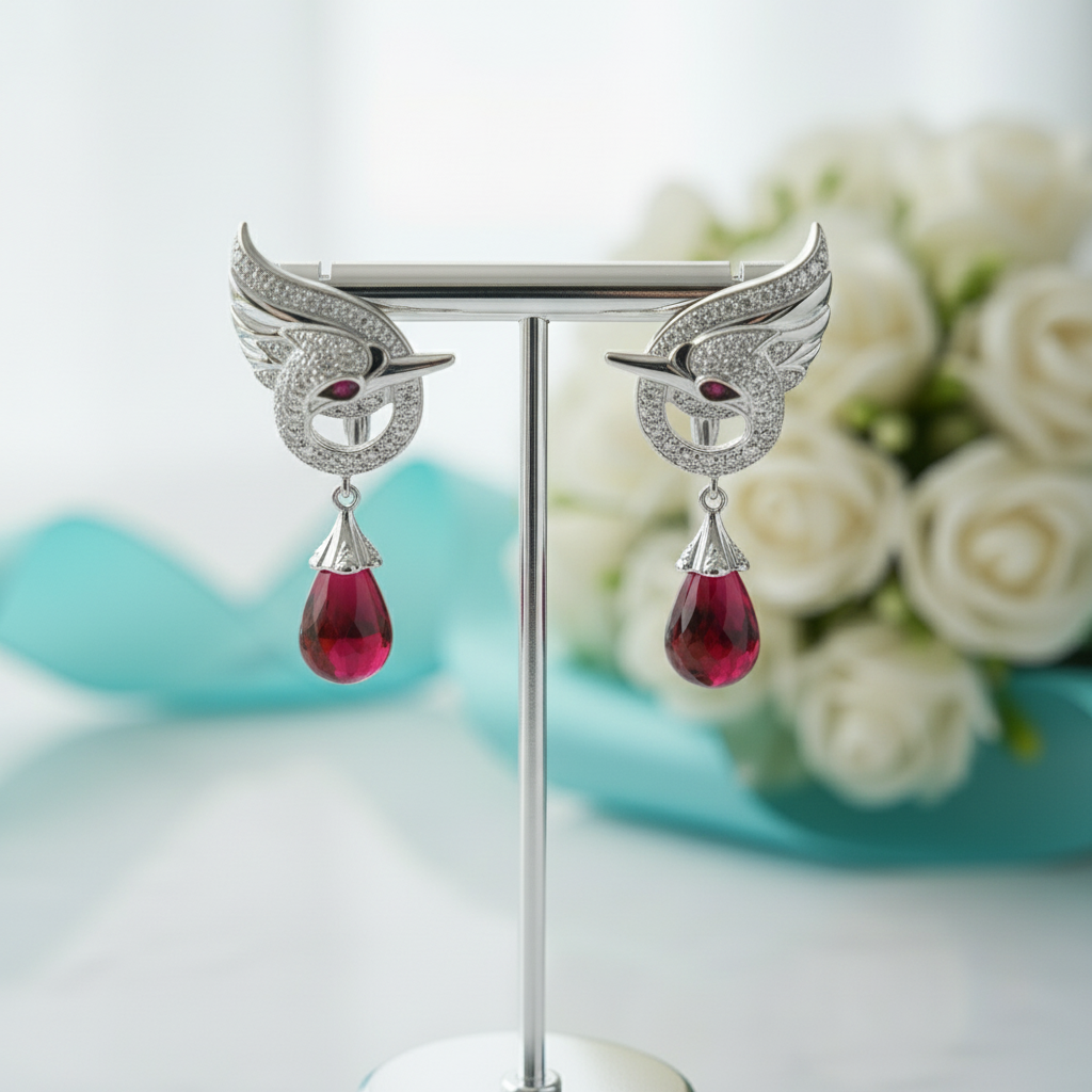 Elegant Swan with Ruby Birthstone Tear Earrings-Evani Jewelry