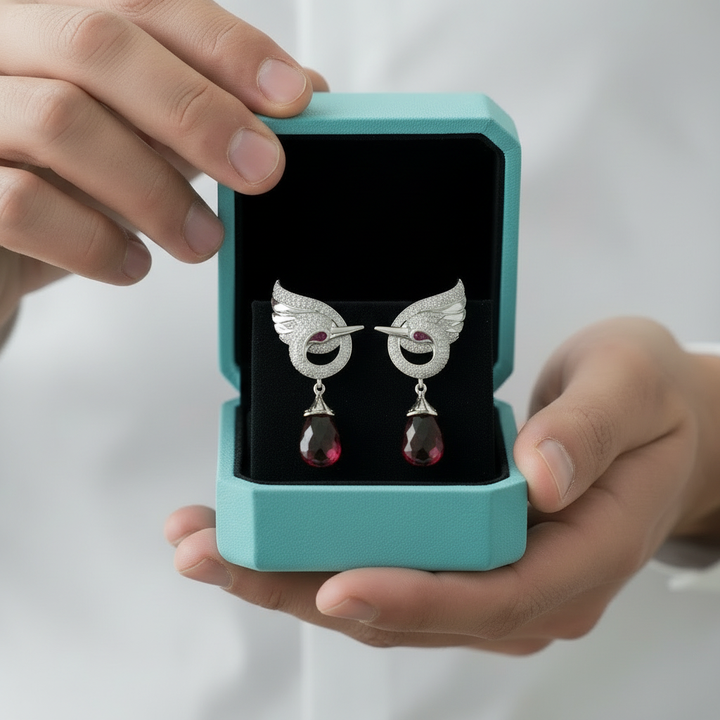 Elegant Swan with Ruby Birthstone Tear Earrings-Evani Jewelry