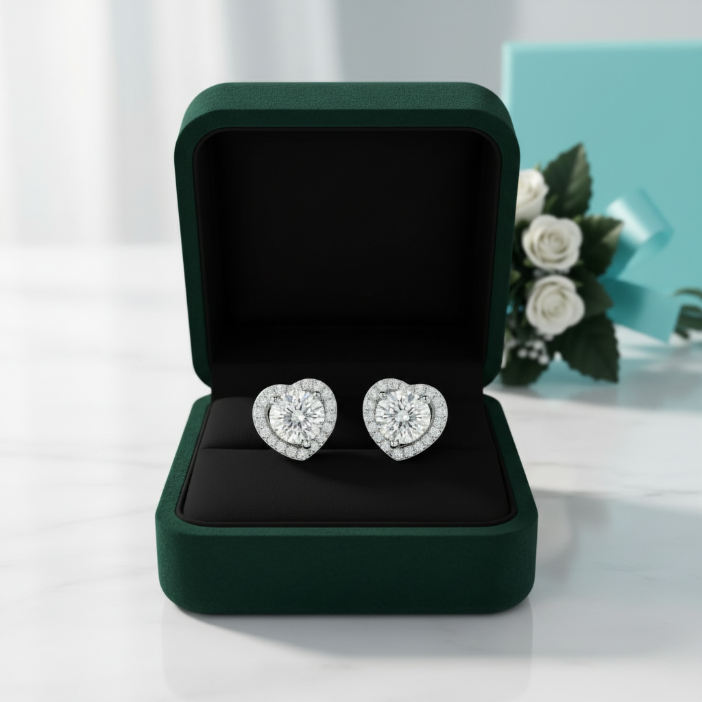 A pair of heart-shaped stud earrings with sparkling clear gemstones in a silver-toned setting, presented in an open dark green jewelry box on a white surface with a blurred turquoise gift box and white roses in the background.