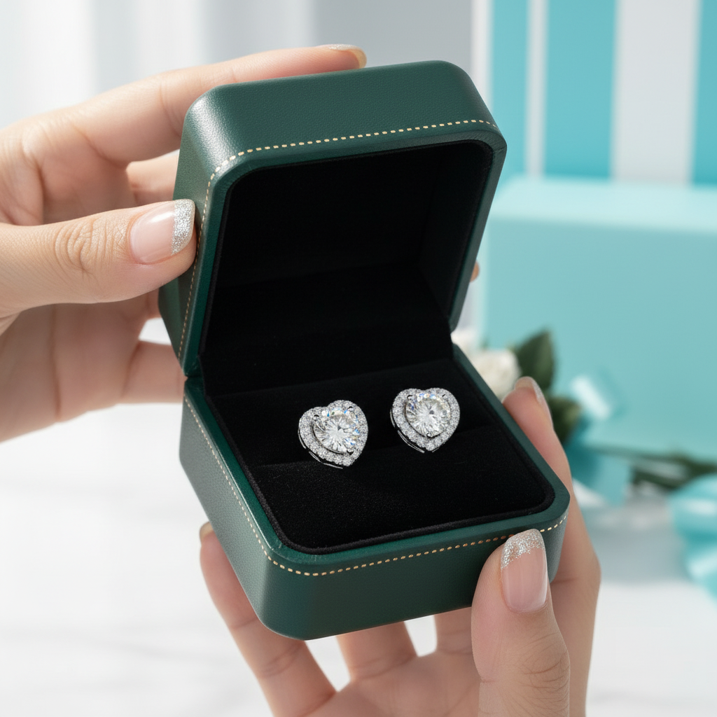 A pair of heart-shaped stud earrings with sparkling clear stones in a silver-toned setting, displayed inside an open dark green jewelry box held by hands.
