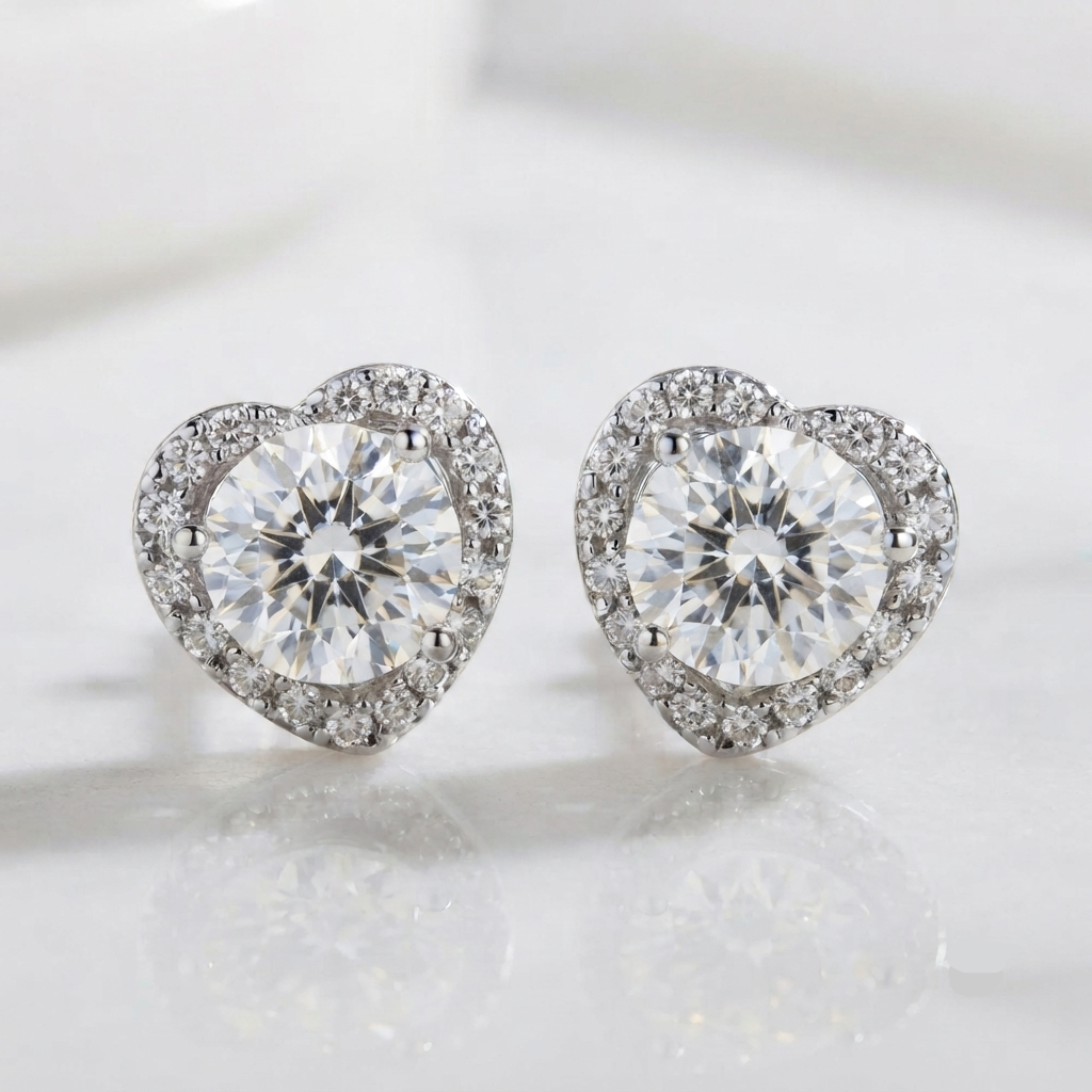 A pair of heart-shaped stud earrings with large clear center stones surrounded by a halo of small clear stones, set in a silver-toned metal on a light reflective surface.