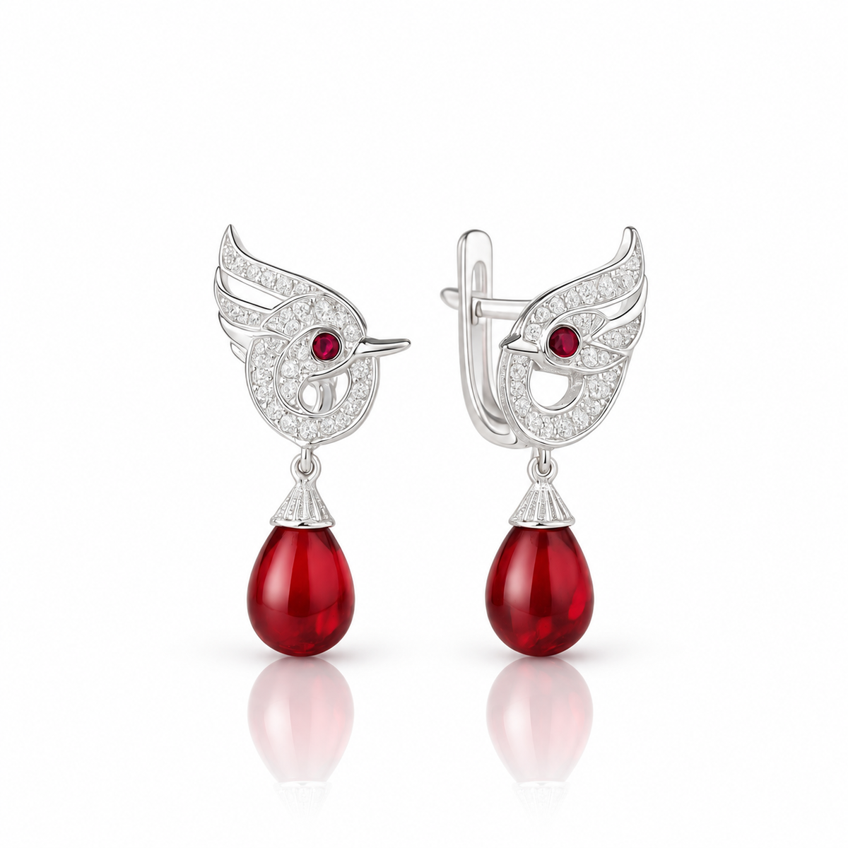 Elegant Swan with Ruby Birthstone Tear Earrings