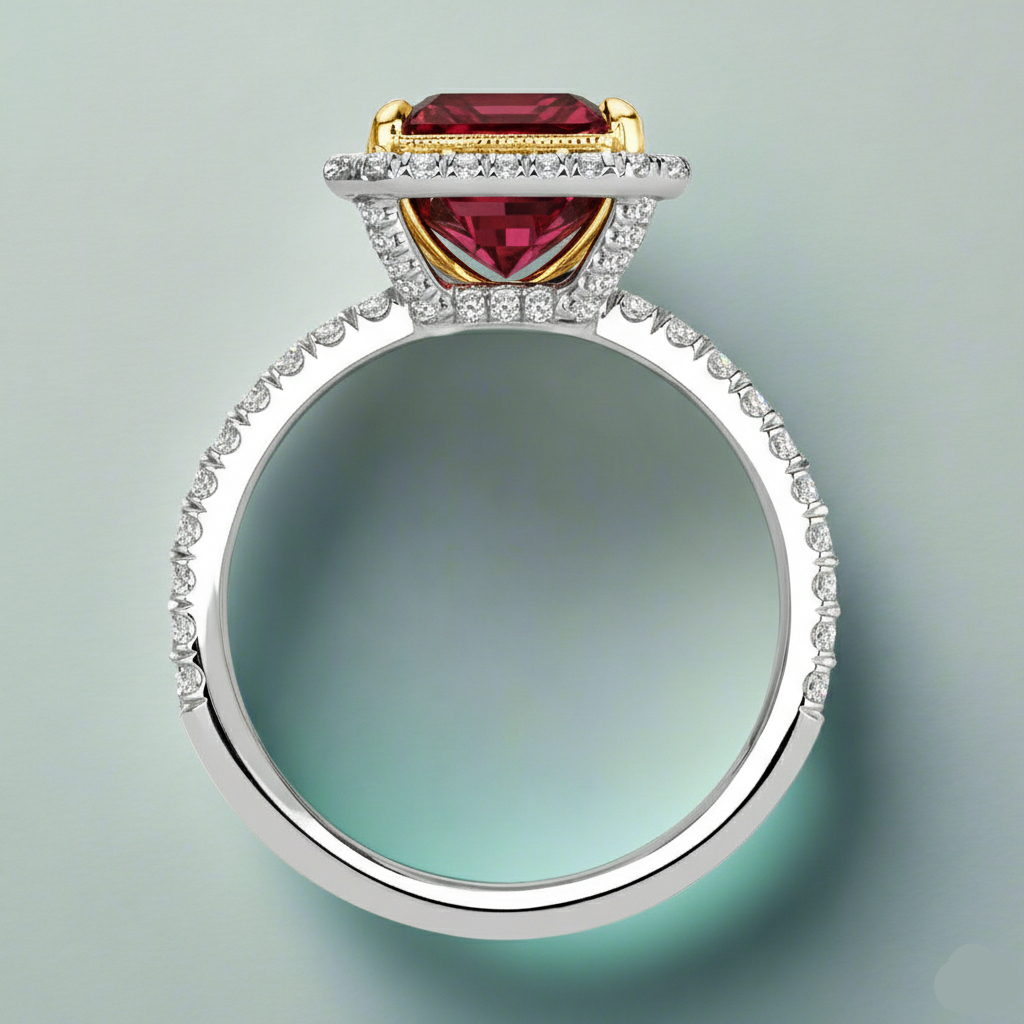 Elegant ring with a red gemstone and diamond accents on a light blue background