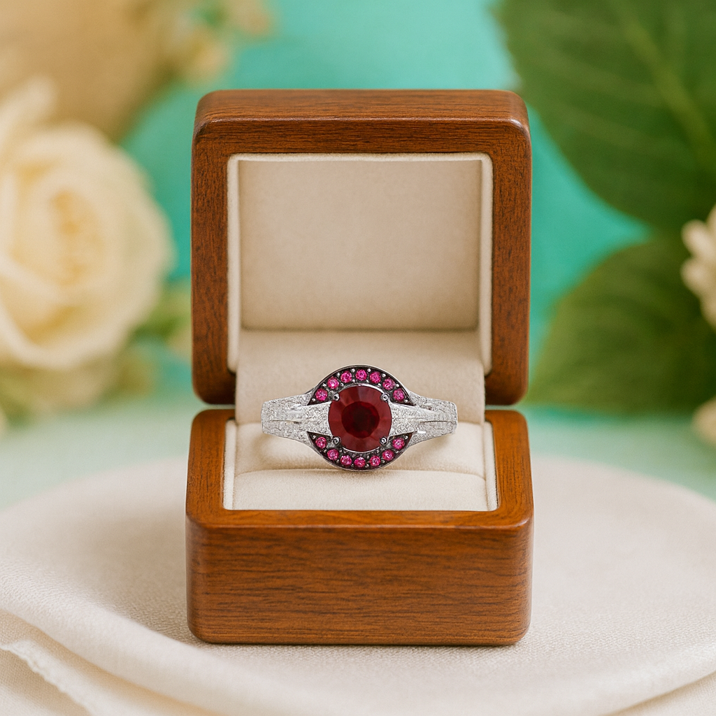Elegant ring with a red gemstone in a wooden box on a light fabric background