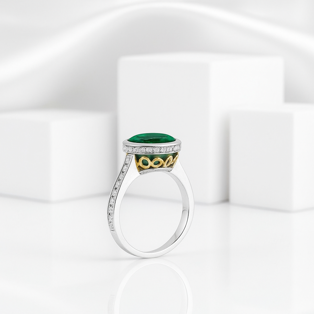 Elegant ring with green gemstone and gold accents on a white background