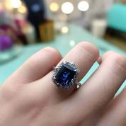 Emerald Cut 3.0 ct Blue Sapphire Diamond Engagement Ring with Halo-Evani Naomi Jewelry
