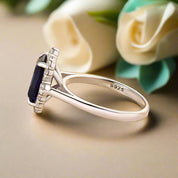 Emerald Cut 3.0 ct Blue Sapphire Diamond Engagement Ring with Halo-Evani Naomi Jewelry