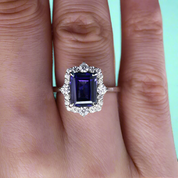 Emerald Cut 3.0 ct Blue Sapphire Diamond Engagement Ring with Halo-Evani Naomi Jewelry