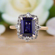 Emerald Cut 3.0 ct Blue Sapphire Diamond Engagement Ring with Halo-Evani Naomi Jewelry