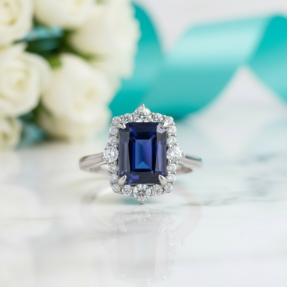 Emerald Cut 3.0 ct Blue Sapphire Engagement Ring with Halo - Evani Naomi Jewelry